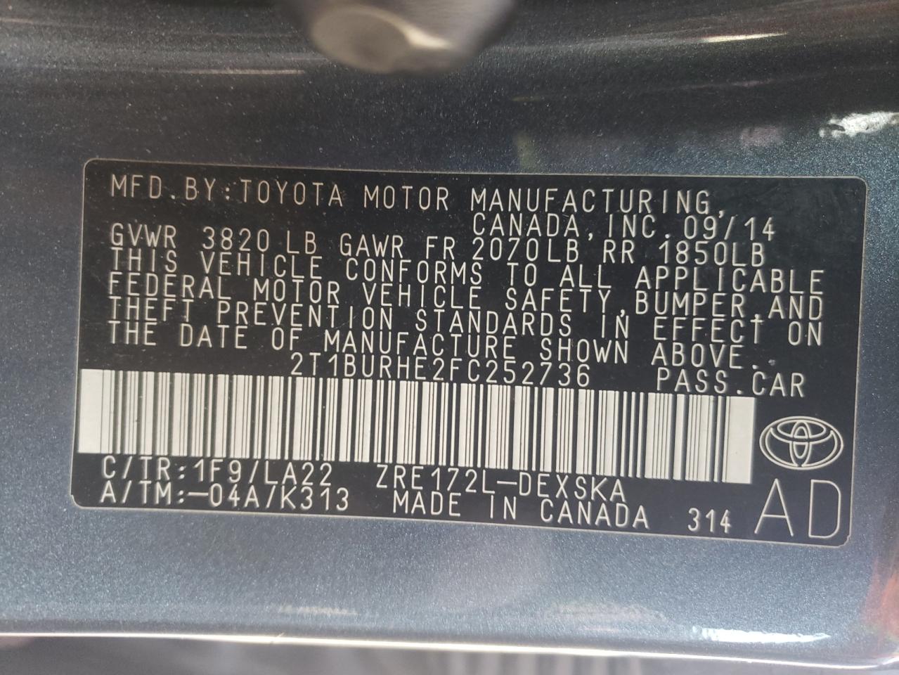 Photo 10 from auction – 2015 TOYOTA COROLLA L with VIN 2T1BURHE2FC252736