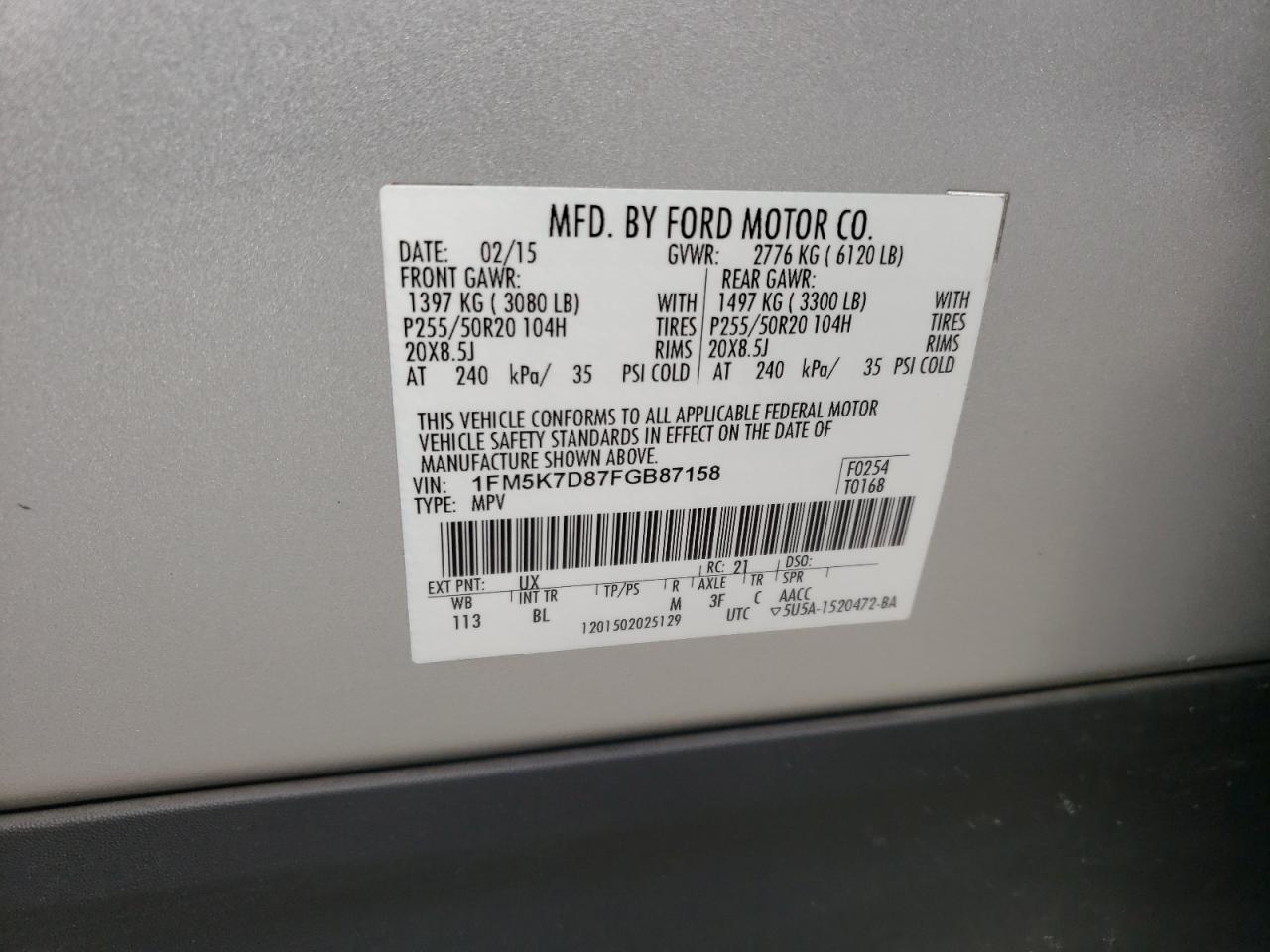 Photo 10 from auction – 2015 FORD EXPLORER X with VIN 1FM5K7D87FGB87158