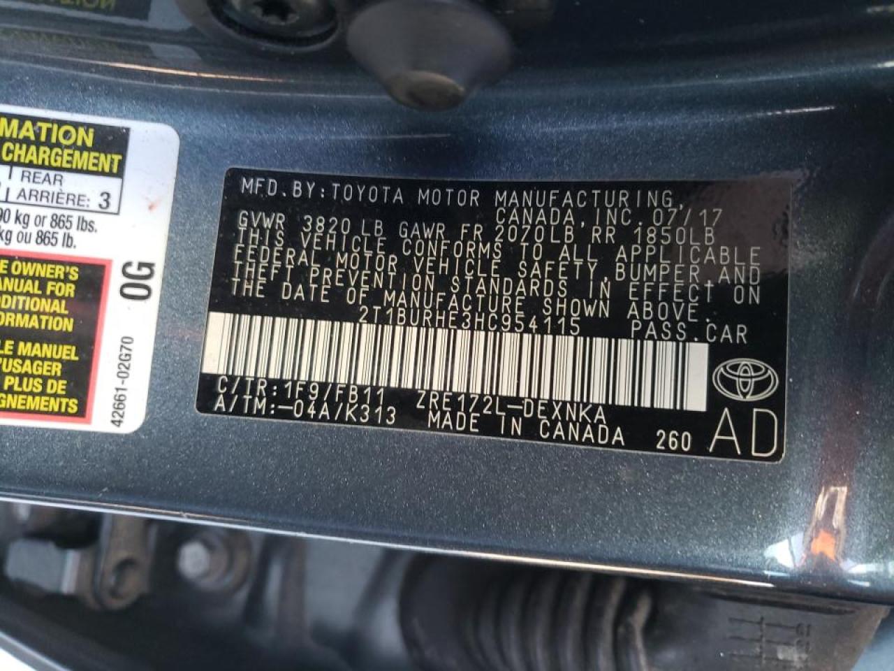 Photo 10 from auction – 2017 TOYOTA COROLLA L with VIN 2T1BURHE3HC954115