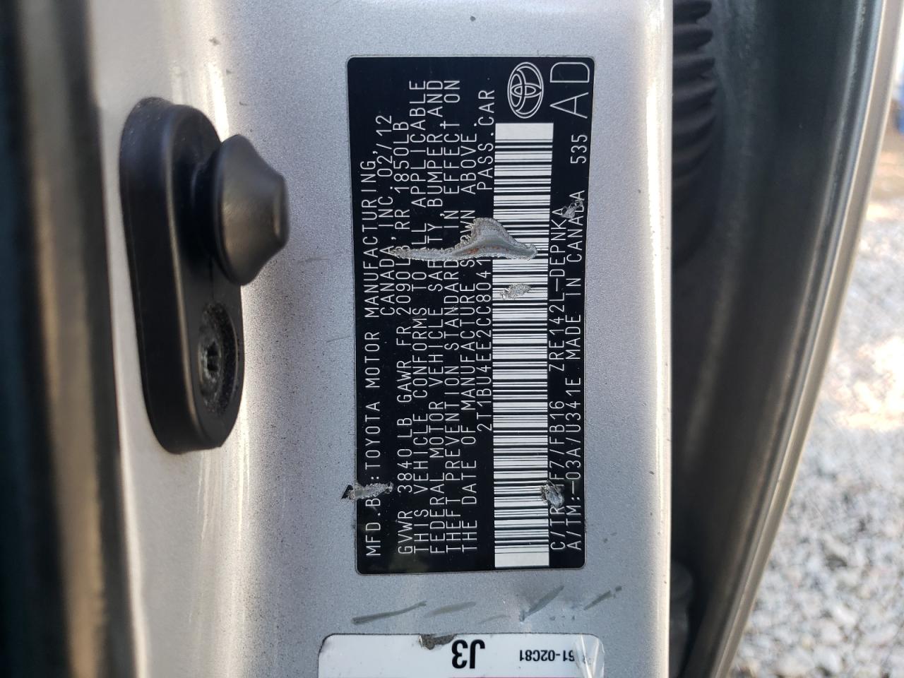 Photo 10 from auction – 2012 TOYOTA COROLLA BA with VIN 2T1BU4EE2CC804142