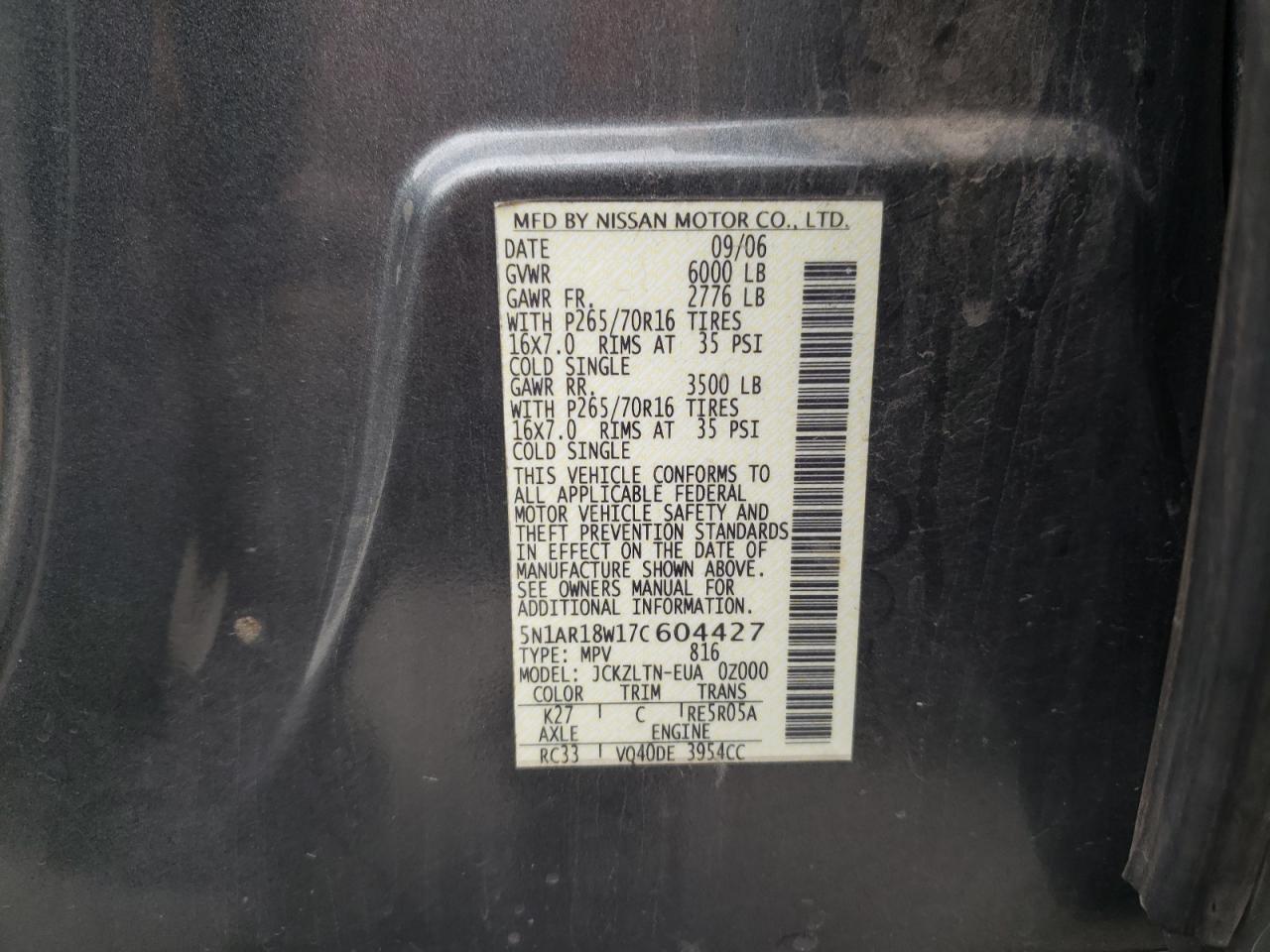 Photo 10 from auction – 2007 NISSAN PATHFINDER with VIN 5N1AR18W17C604427
