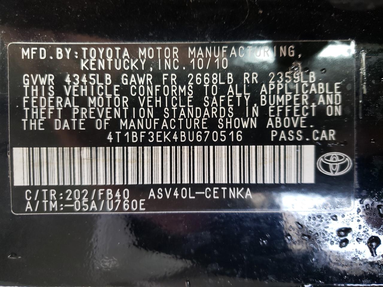 Фото 10 с аукциона – 2011 TOYOTA CAMRY BASE с VIN 4T1BF3EK4BU670516