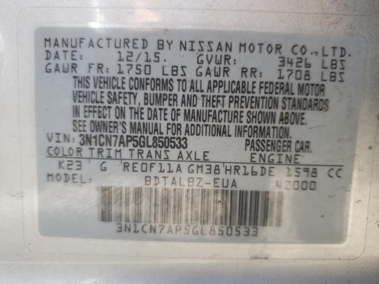 Photo 10 from auction – 2016 NISSAN VERSA S with VIN 3N1CN7AP5GL850533