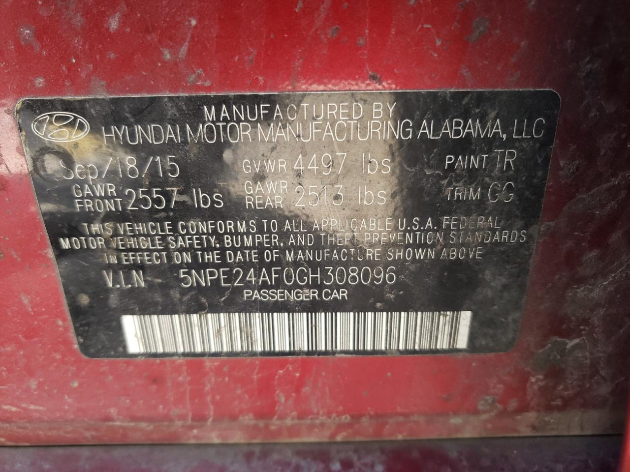 Photo 10 from auction – 2016 HYUNDAI SONATA SE with VIN 5NPE24AF0GH308096