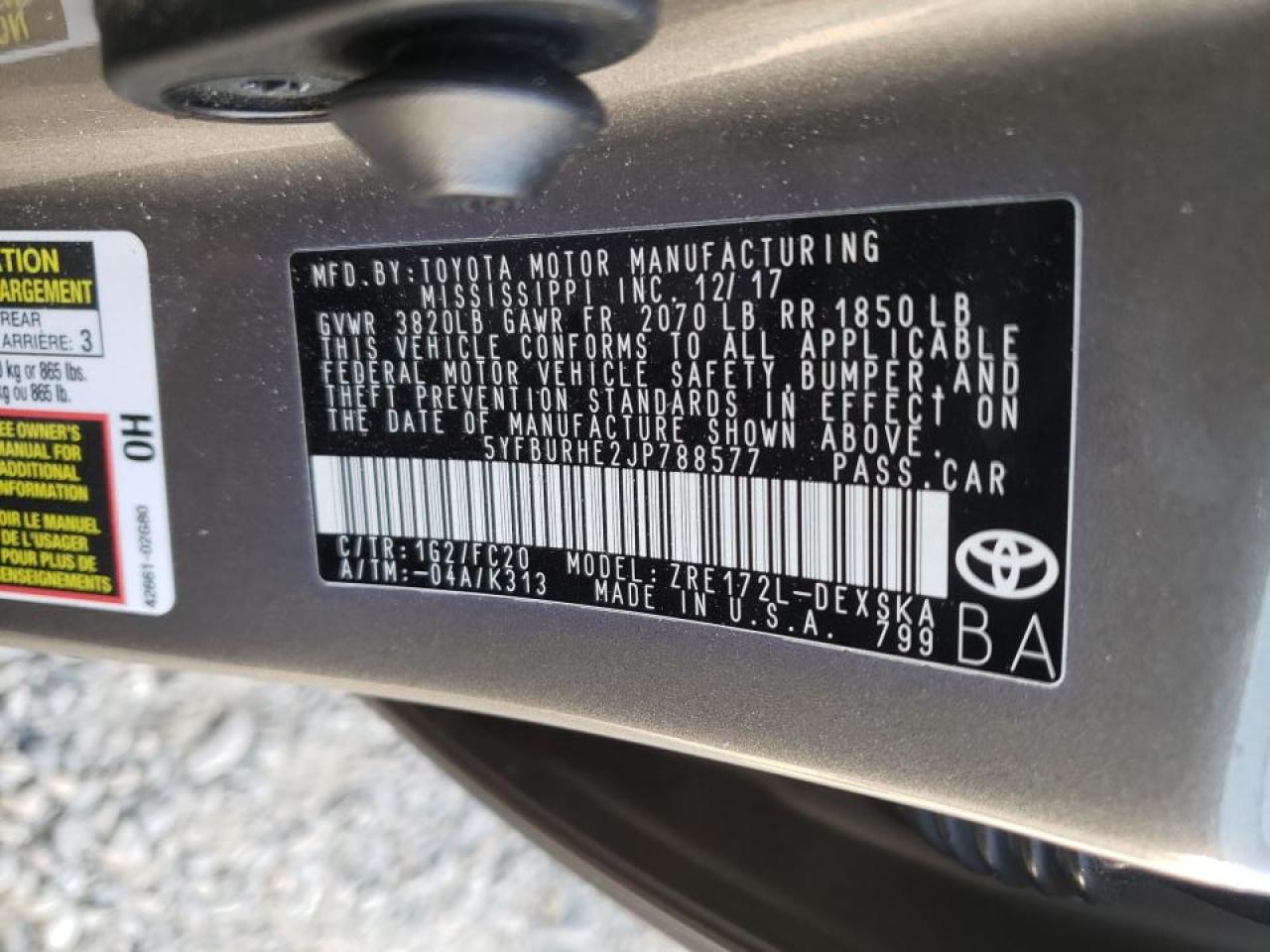 Photo 10 from auction – 2018 TOYOTA COROLLA L with VIN 5YFBURHE2JP788577