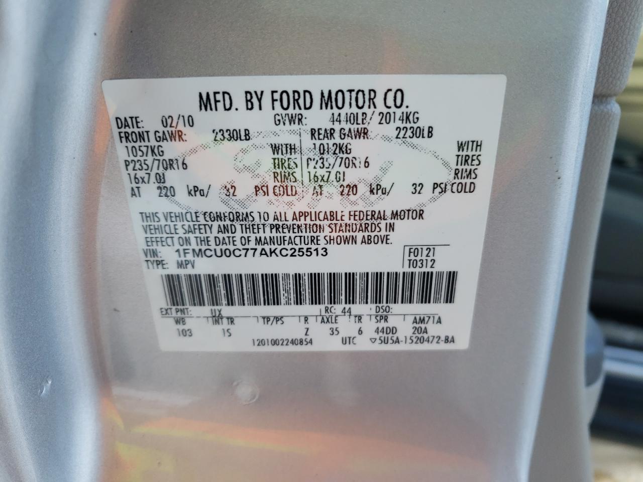Photo 10 from auction – 2010 FORD ESCAPE XLS with VIN 1FMCU0C77AKC25513