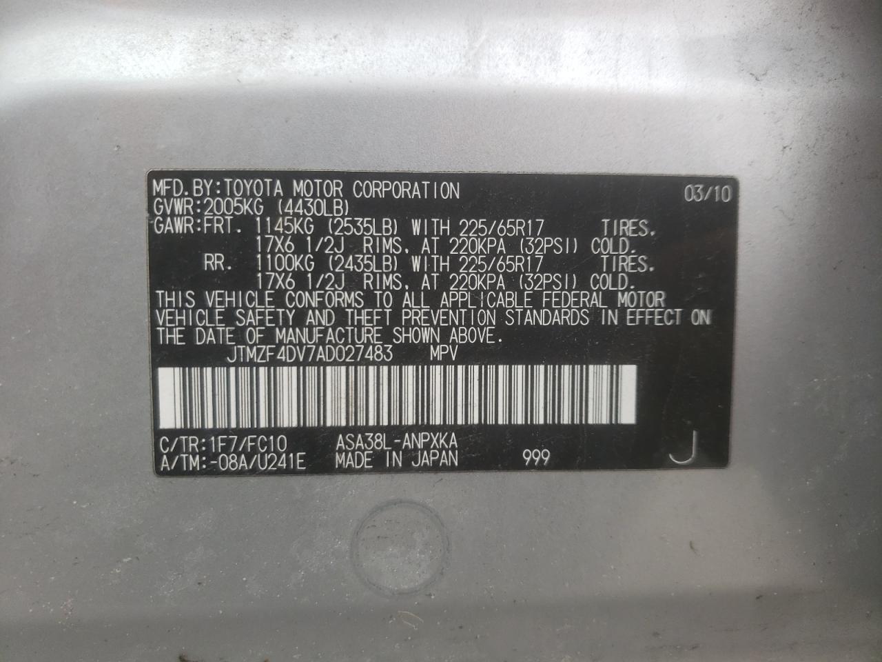 Photo 10 from auction – 2010 TOYOTA RAV4 with VIN JTMZF4DV7AD027483