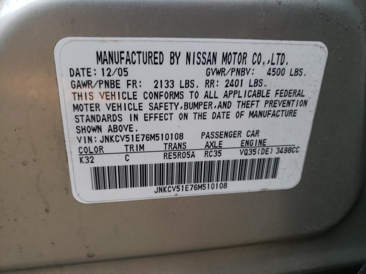Photo 10 from auction – 2006 INFINITI G35 with VIN JNKCV51E76M510108