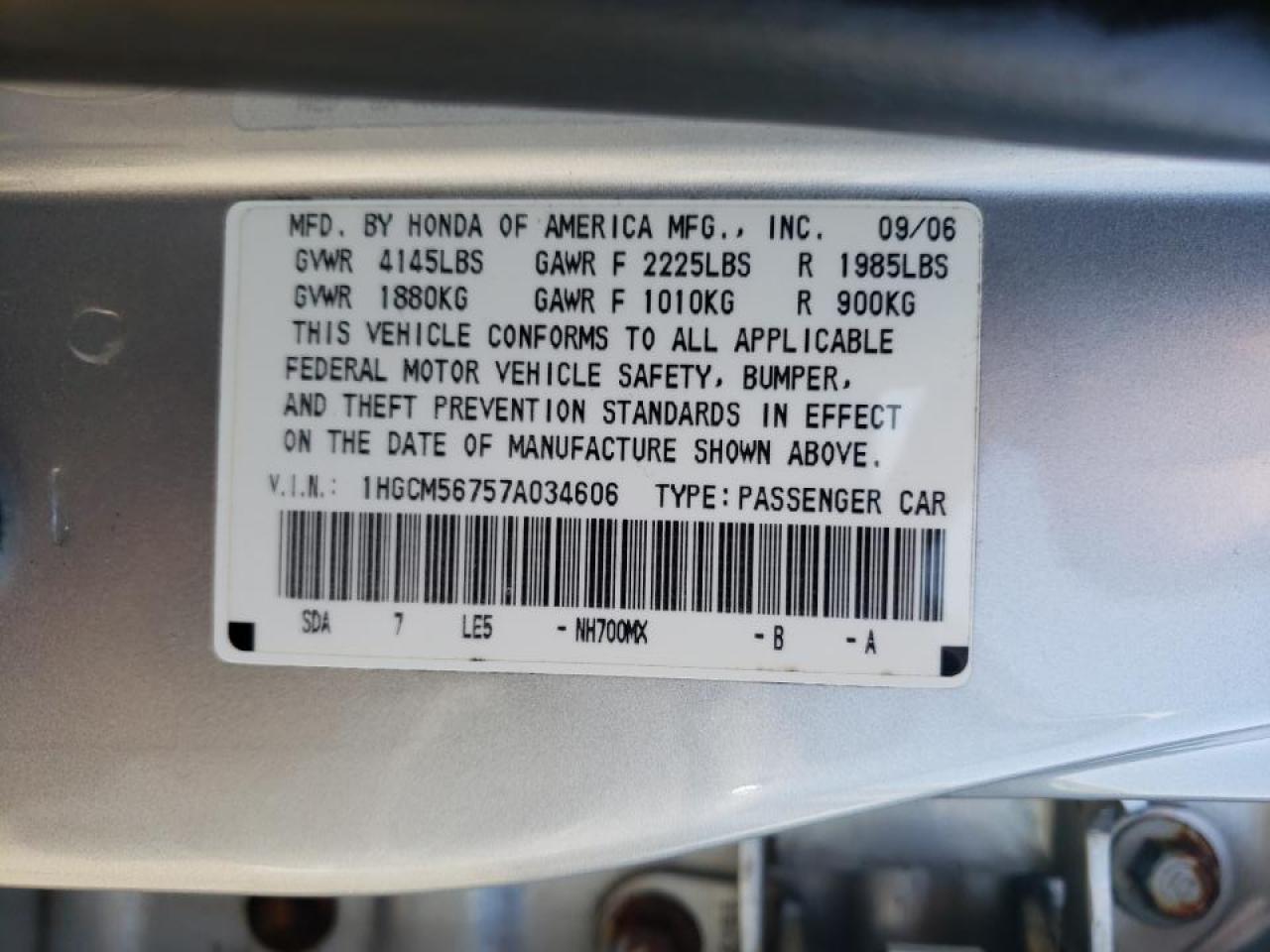 Photo 10 from auction – 2007 HONDA ACCORD EX with VIN 1HGCM56757A034606