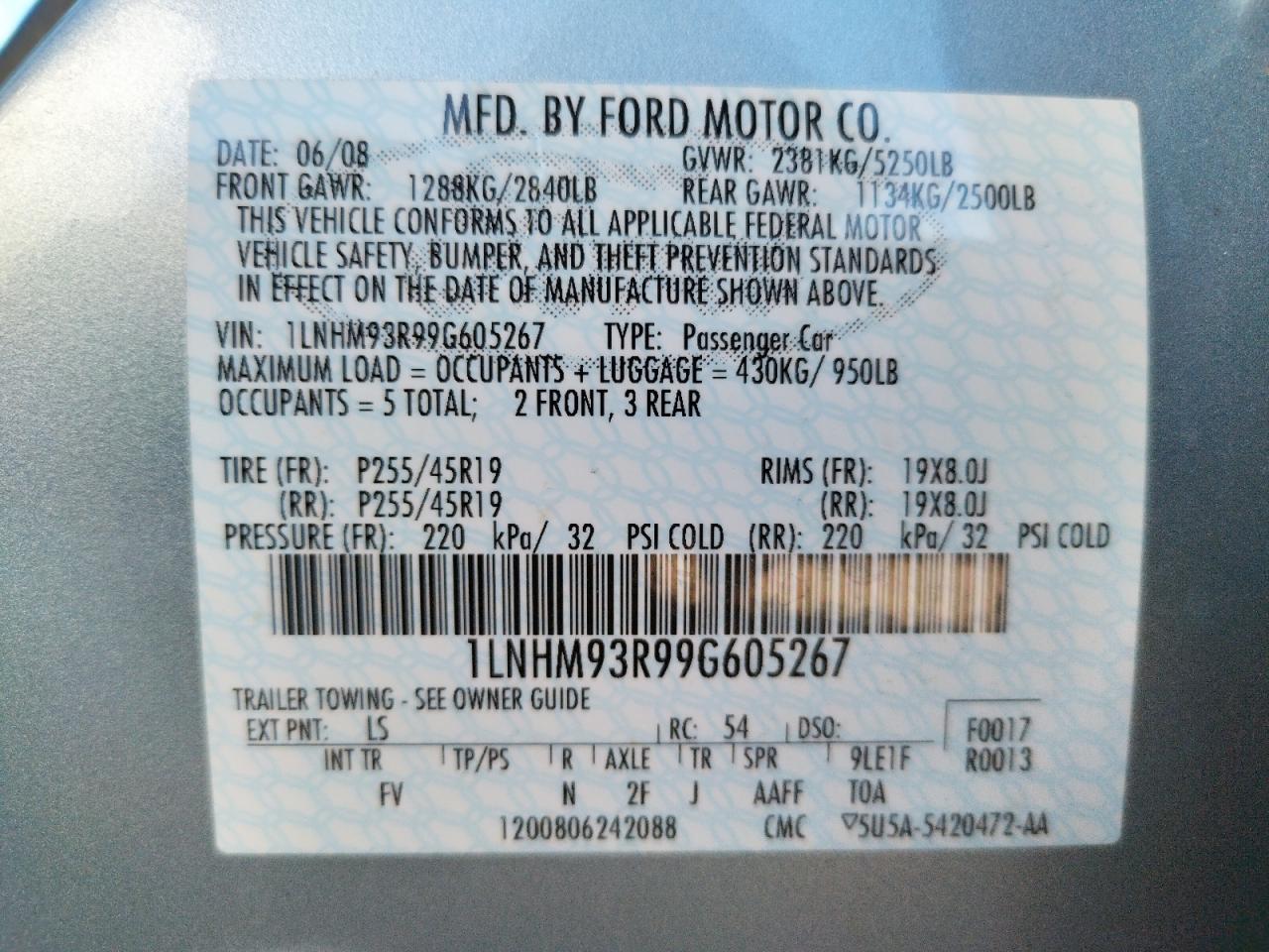 Photo 10 from auction – 2009 LINCOLN MKS with VIN 1LNHM93R99G605267
