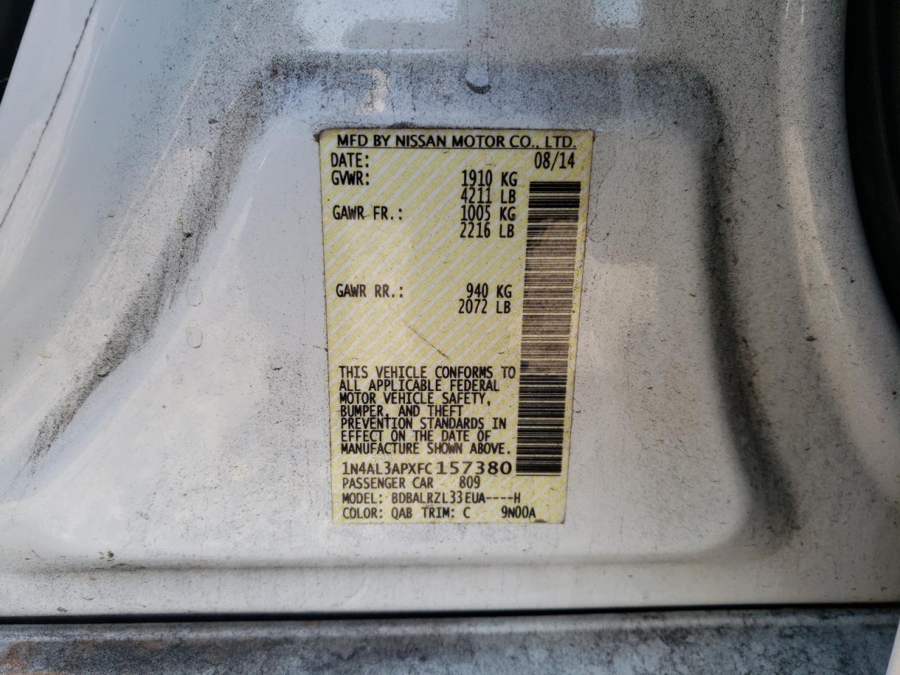 Photo 10 from auction – 2015 NISSAN ALTIMA 2.5 with VIN 1N4AL3APXFC157380
