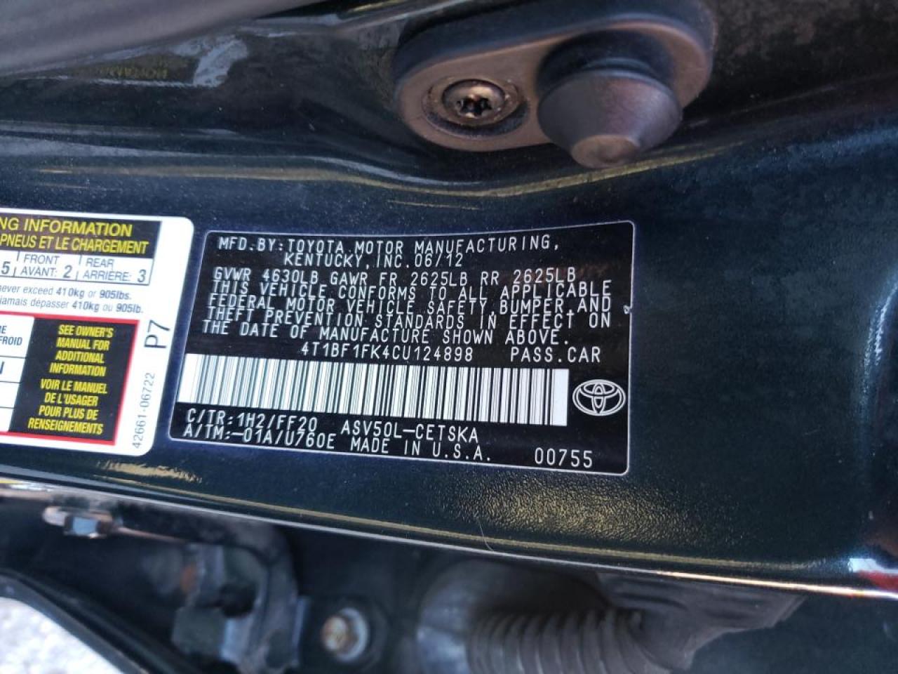 Photo 10 from auction – 2012 TOYOTA CAMRY BASE with VIN 4T1BF1FK4CU124898