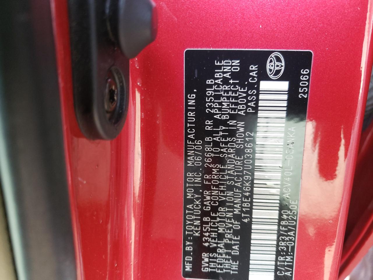 Photo 10 from auction – 2007 TOYOTA CAMRY CE with VIN 4T1BE46K97U038612