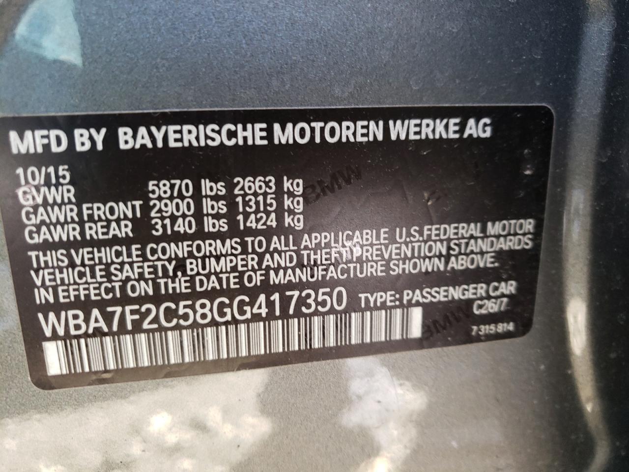 Photo 10 from auction – 2016 BMW 750 XI with VIN WBA7F2C58GG417350