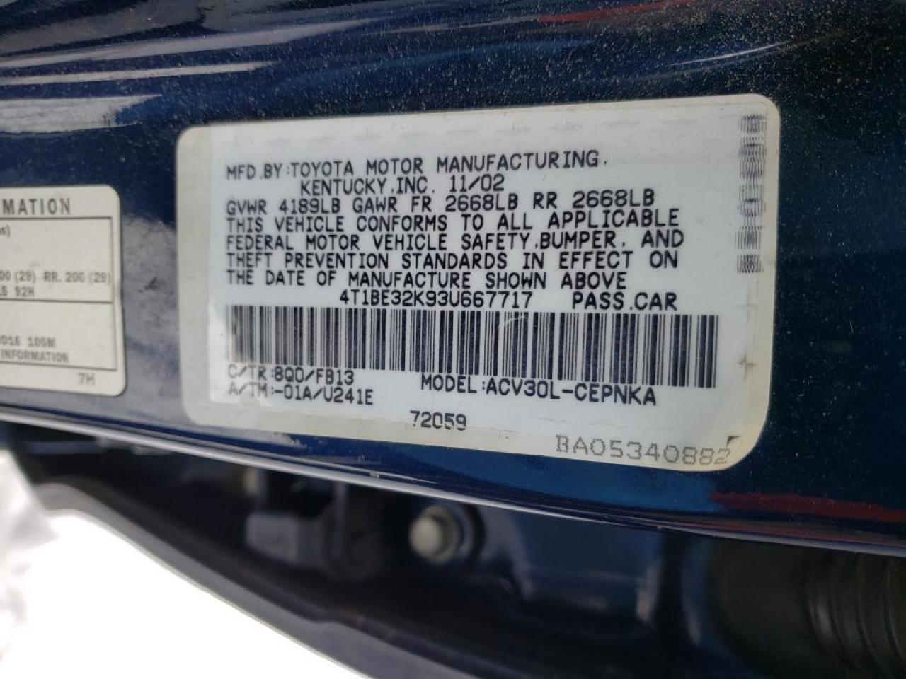 Photo 10 from auction – 2003 TOYOTA CAMRY LE with VIN 4T1BE32K93U667717