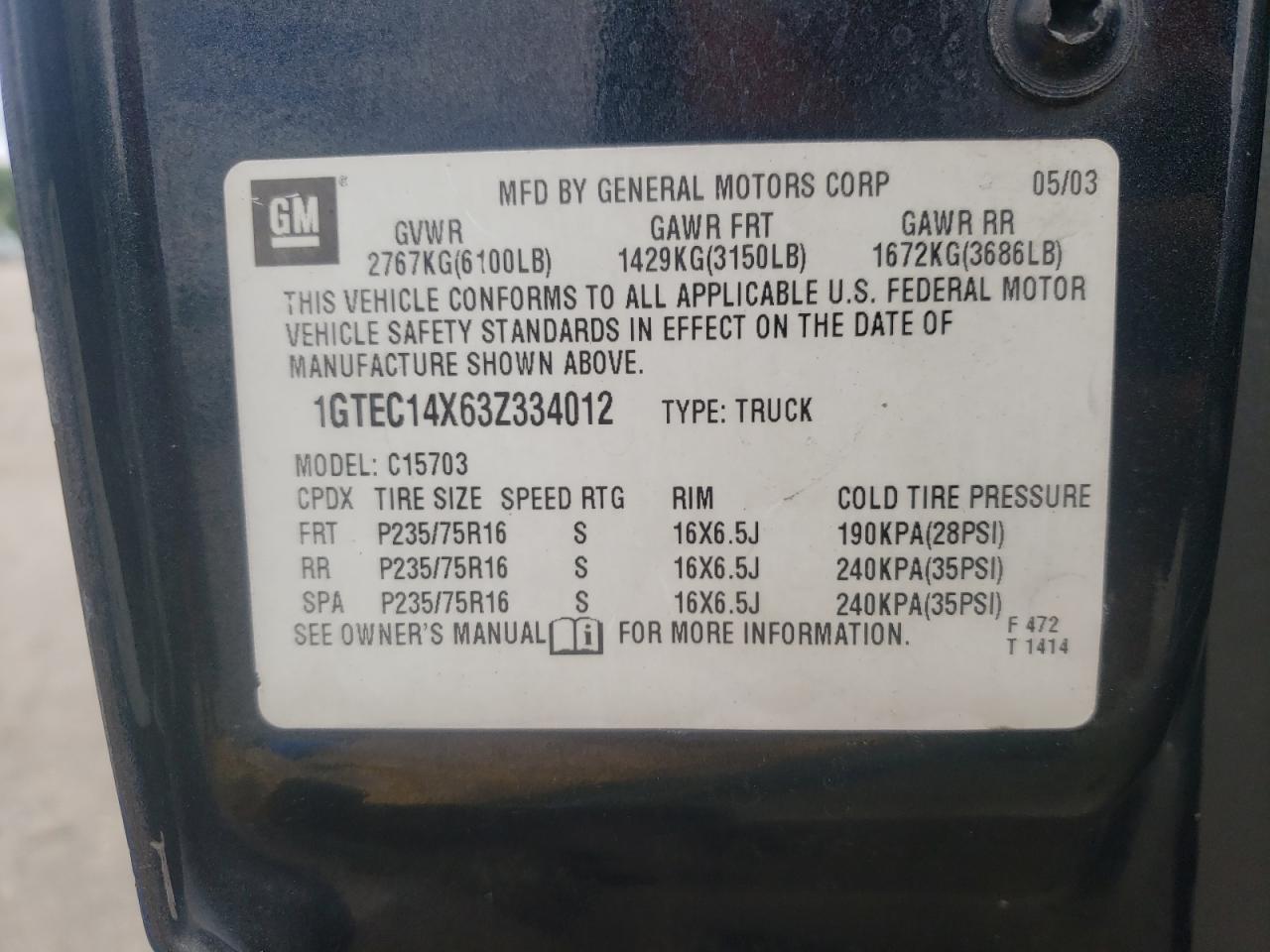 Photo 10 from auction – 2003 GMC NEW SIERRA with VIN 1GTEC14X63Z334012