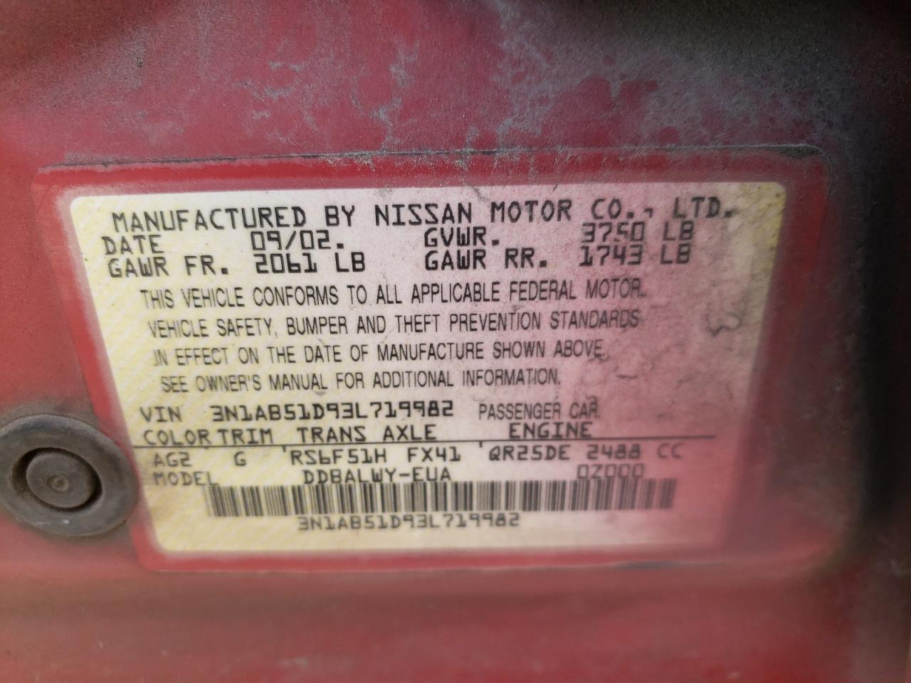 Photo 10 from auction – 2003 NISSAN SENTRA with VIN 3N1AB51D93L719982