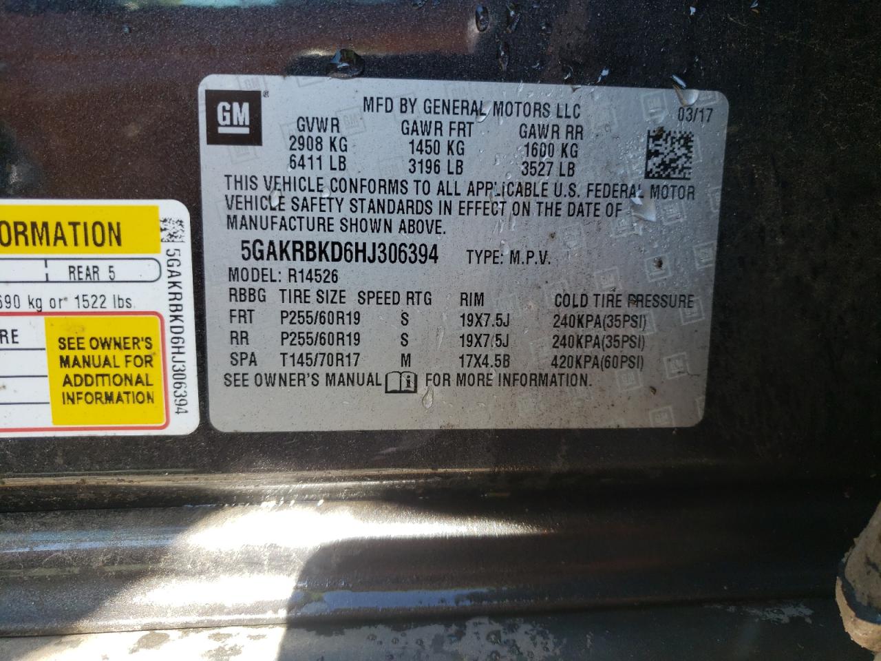 Photo 10 from auction – 2017 BUICK ENCLAVE with VIN 5GAKRBKD6HJ306394