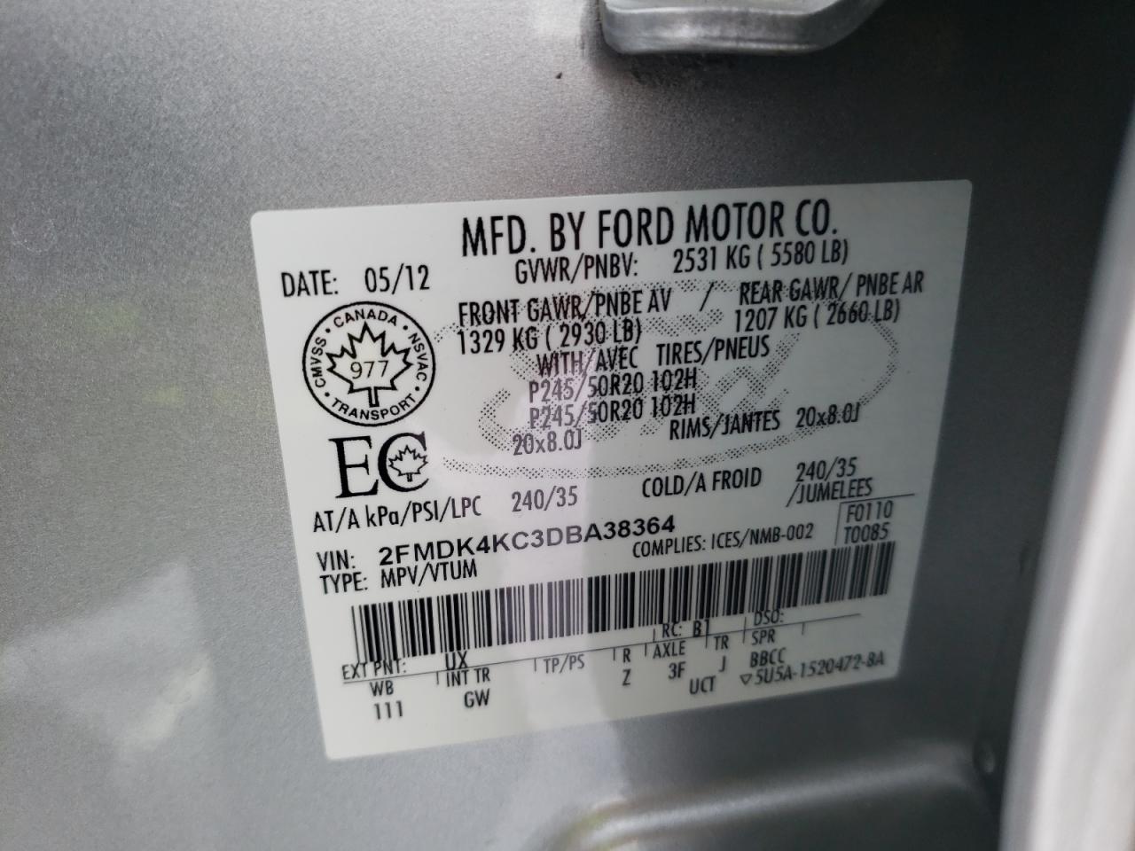 Photo 10 from auction – 2013 FORD EDGE LIMIT with VIN 2FMDK4KC3DBA38364