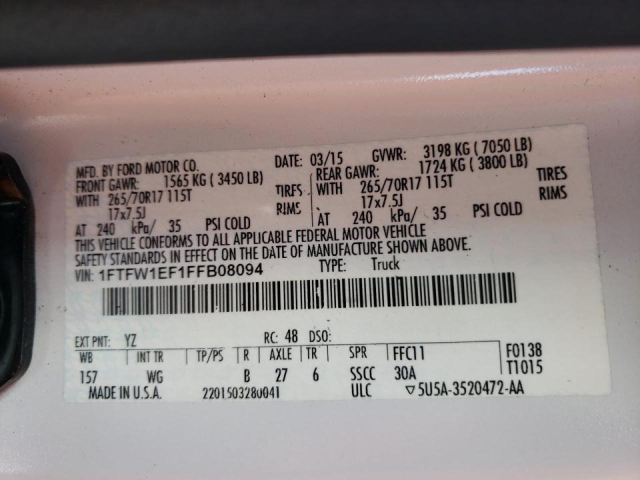 Photo 10 from auction – 2015 FORD F150 SUPER with VIN 1FTFW1EF1FFB08094