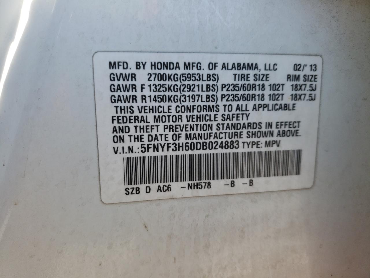 Photo 10 from auction – 2013 HONDA PILOT EXL with VIN 5FNYF3H60DB024883