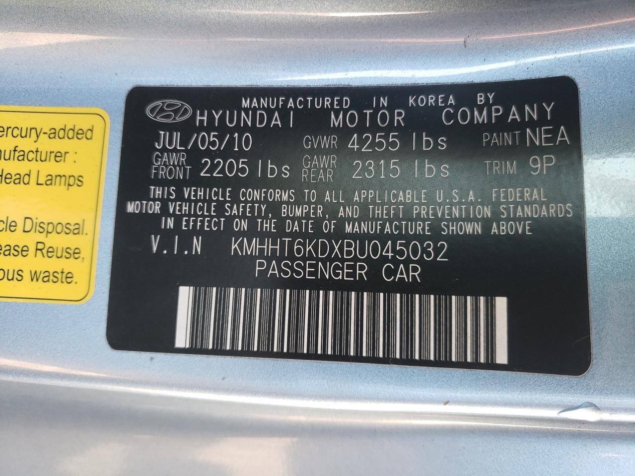 Photo 10 from auction – 2011 HYUNDAI GENESIS CO with VIN KMHHT6KDXBU045032