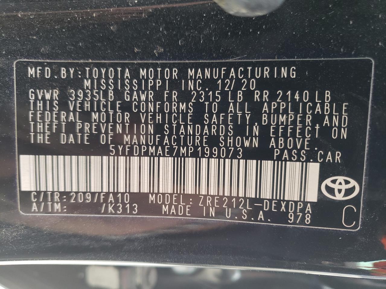 Photo 10 from auction – 2021 TOYOTA COROLLA L with VIN 5YFDPMAE7MP199073