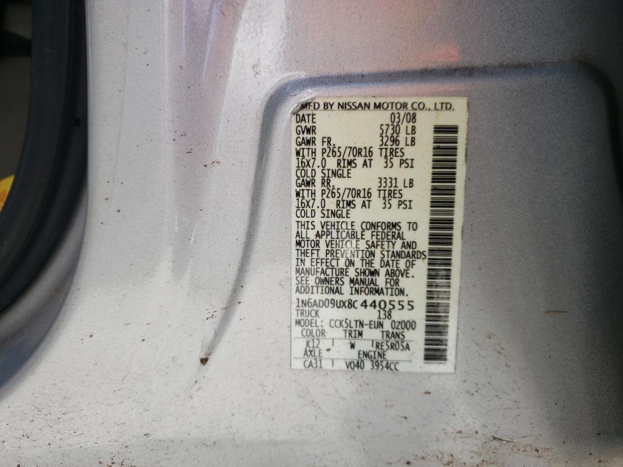 Photo 10 from auction – 2008 NISSAN FRONTIER C with VIN 1N6AD09UX8C440555