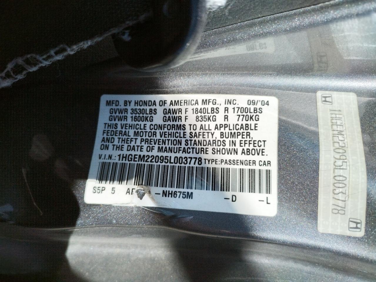 Photo 10 from auction – 2005 HONDA CIVIC EX with VIN 1HGEM22095L003778