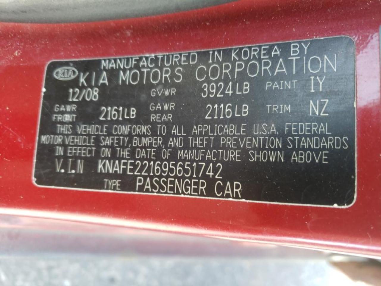 Photo 10 from auction – 2009 KIA SPECTRA EX with VIN KNAFE221695651742