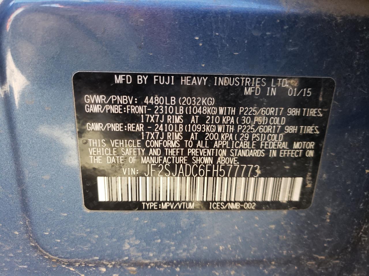 Photo 10 from auction – 2015 SUBARU FORESTER 2 with VIN JF2SJADC6FH577773