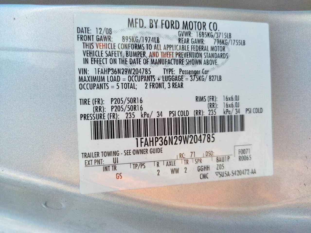 Photo 10 from auction – 2009 FORD FOCUS SES with VIN 1FAHP36N29W204785