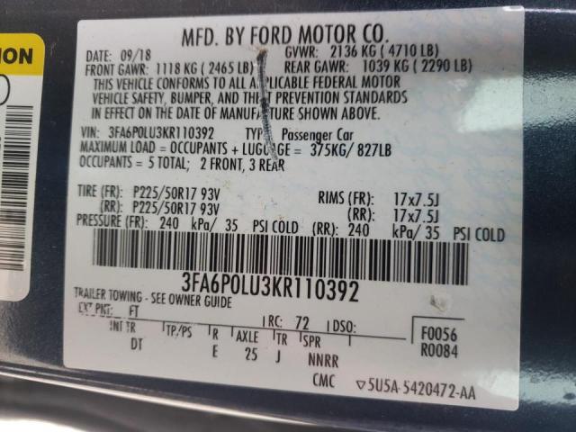 Photo 10 from auction – 2019 FORD FUSION SE with VIN 3FA6P0LU3KR110392