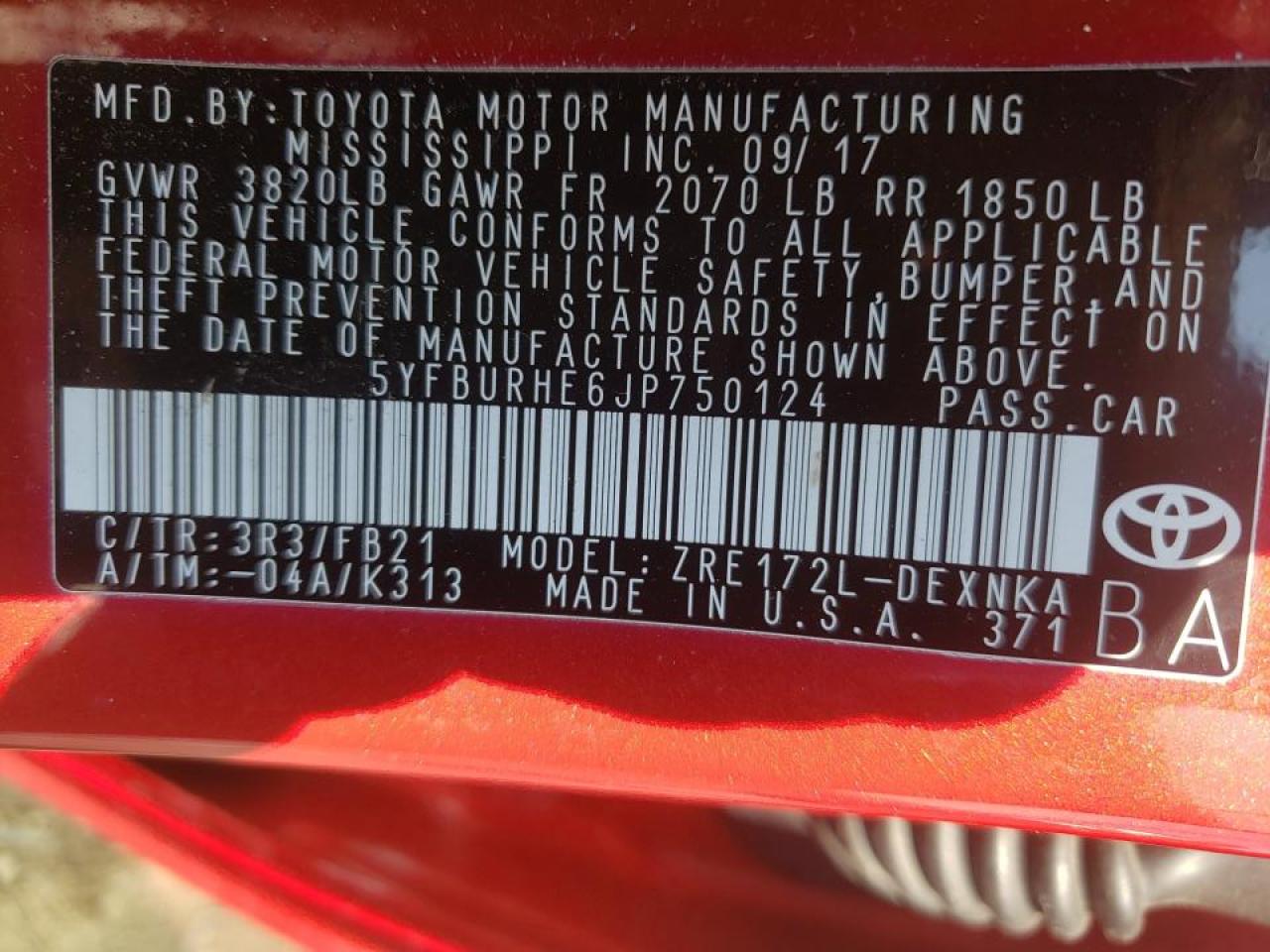 Photo 10 from auction – 2018 TOYOTA COROLLA L with VIN 5YFBURHE6JP750124