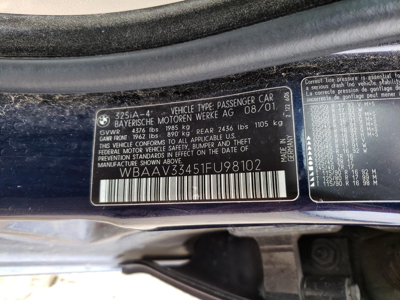 Photo 10 from auction – 2001 BMW 325 I with VIN WBAAV33451FU98102