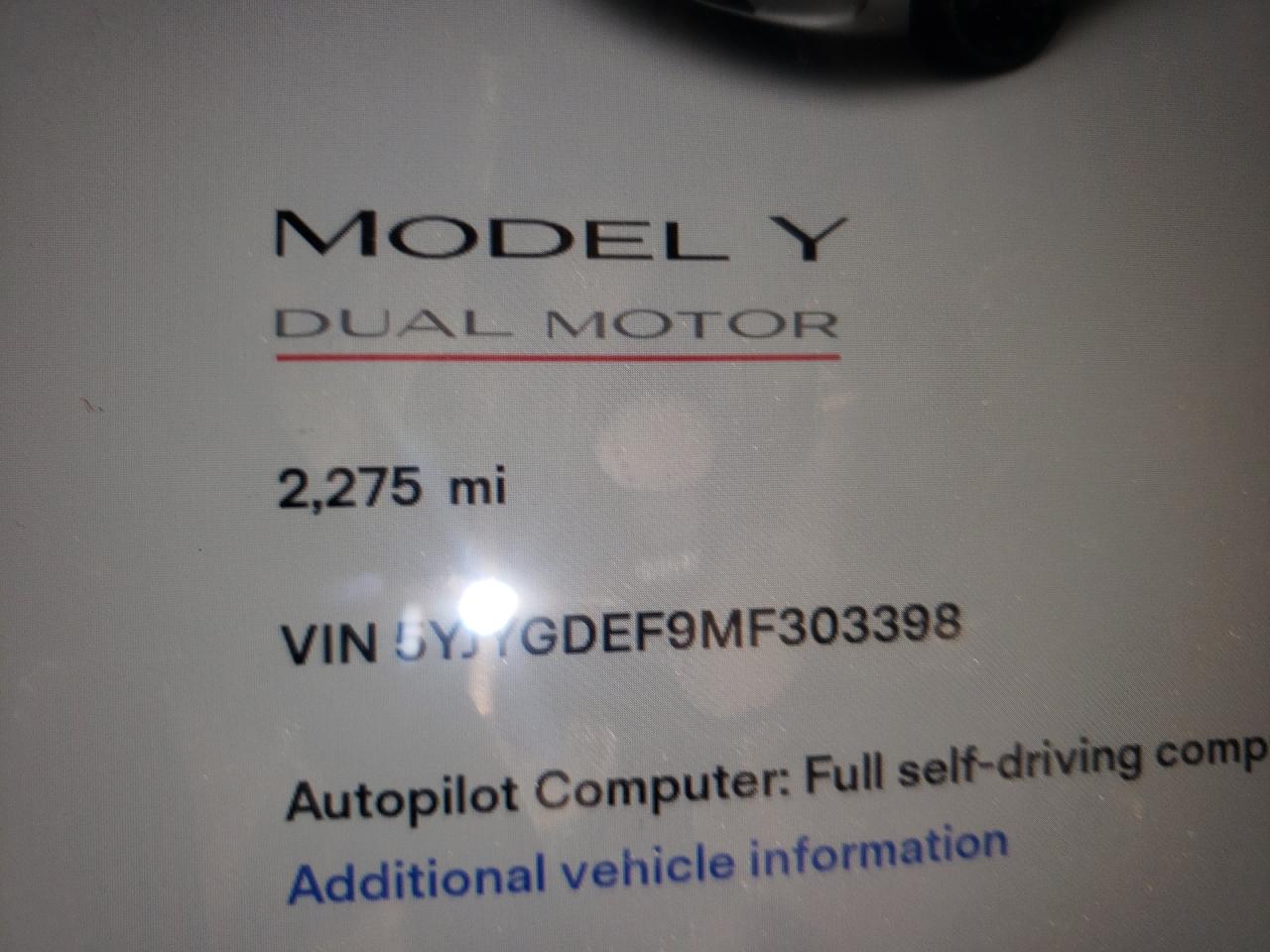 Photo 8 from auction – 2021 TESLA MODEL Y with VIN 5YJYGDEF9MF303398