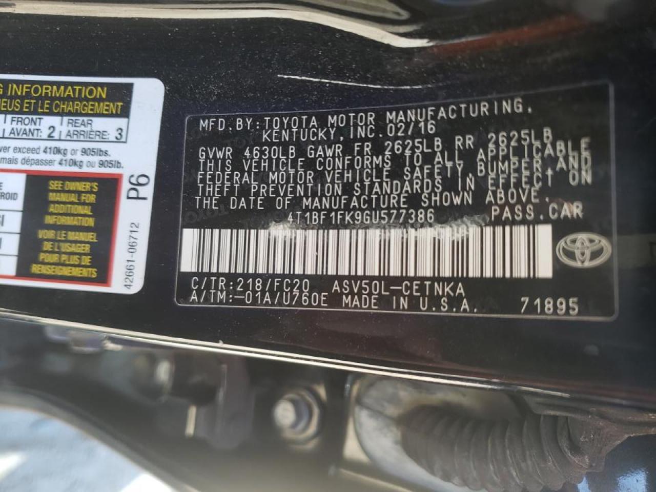 Photo 10 from auction – 2016 TOYOTA CAMRY LE with VIN 4T1BF1FK9GU577386