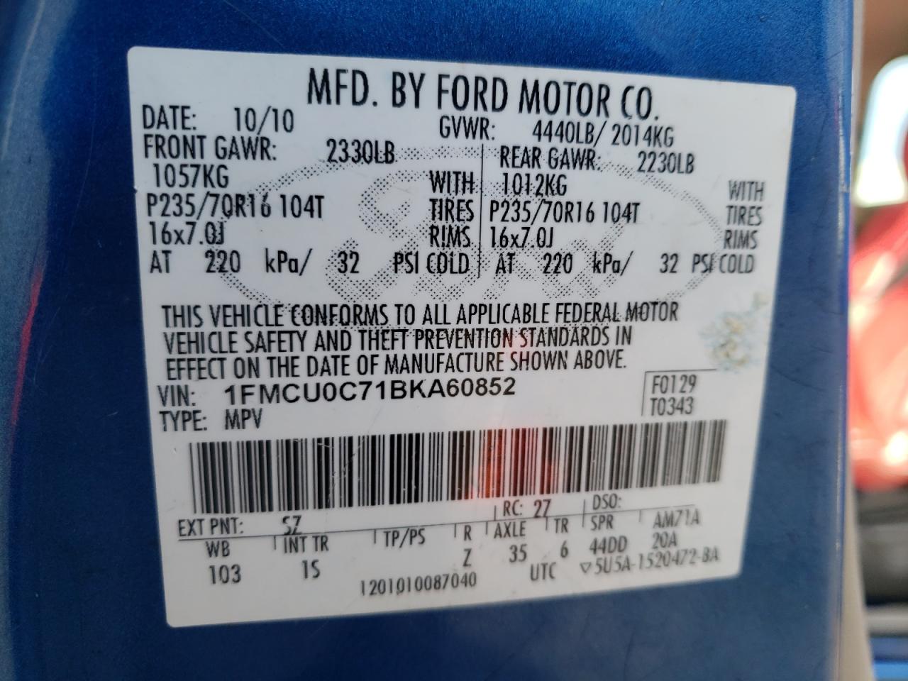 Photo 10 from auction – 2011 FORD ESCAPE XLS with VIN 1FMCU0C71BKA60852