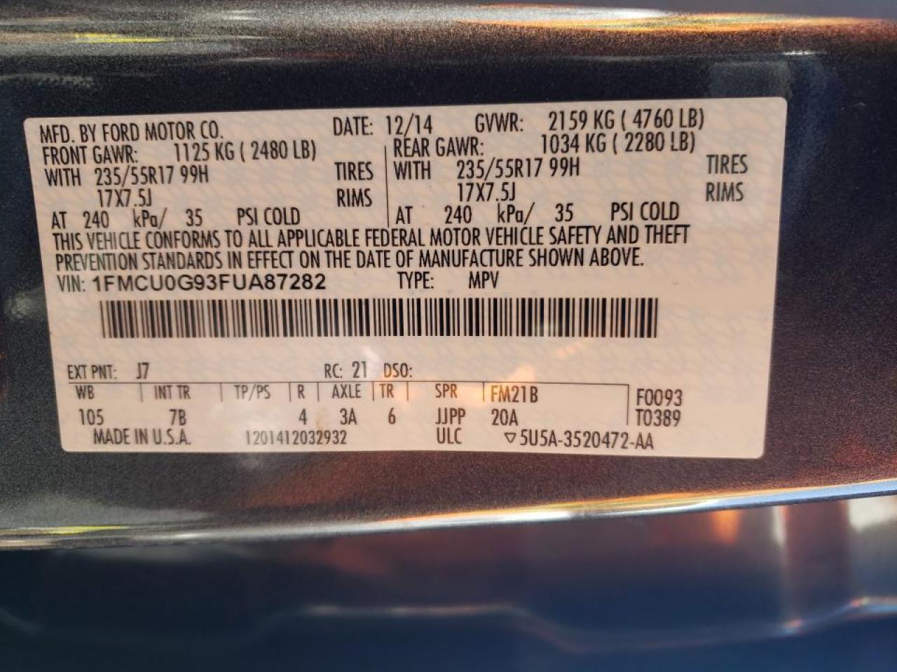 Photo 10 from auction – 2015 FORD ESCAPE SE with VIN 1FMCU0G93FUA87282