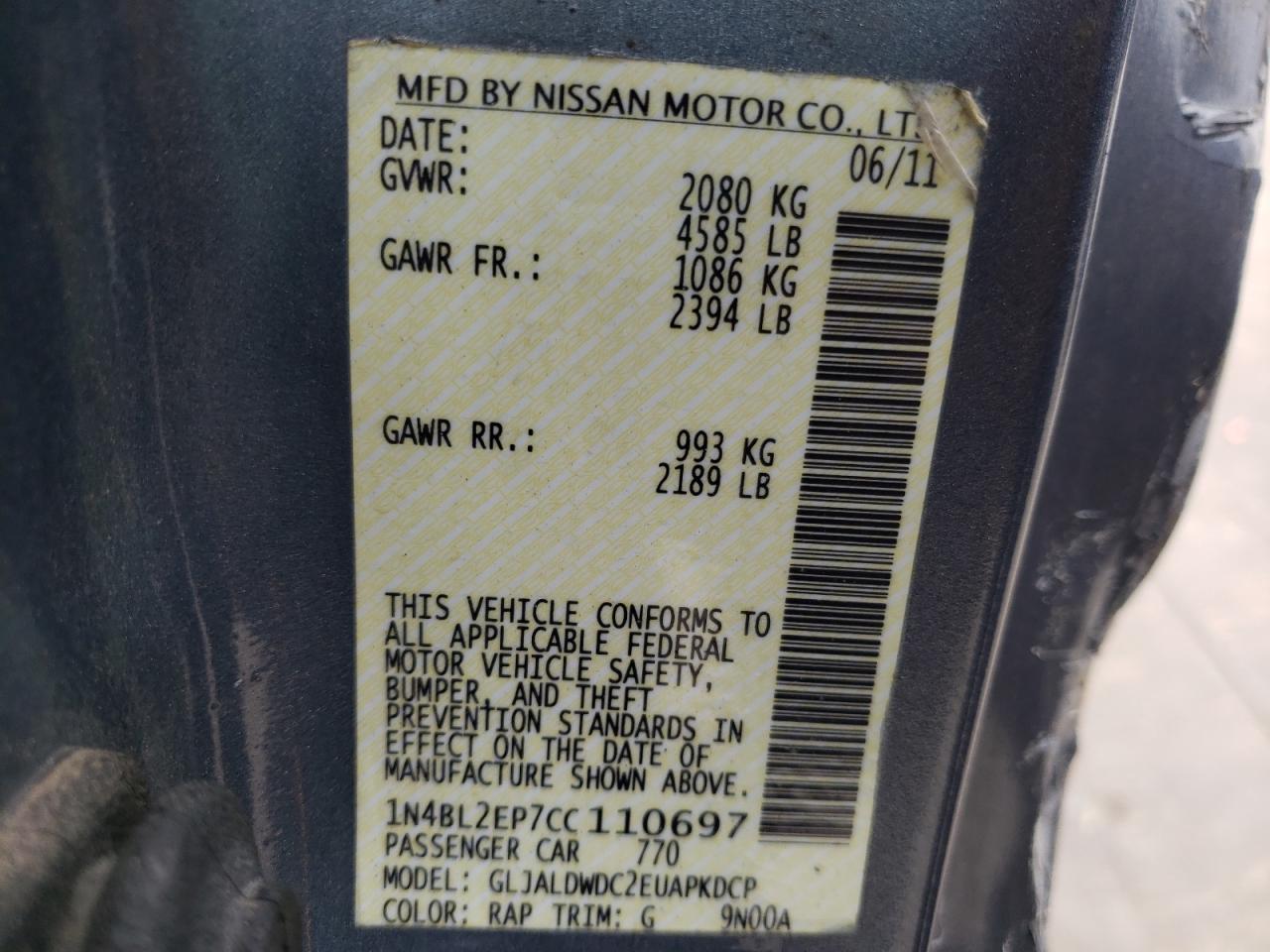 Photo 10 from auction – 2012 NISSAN ALTIMA SR with VIN 1N4BL2EP7CC110697