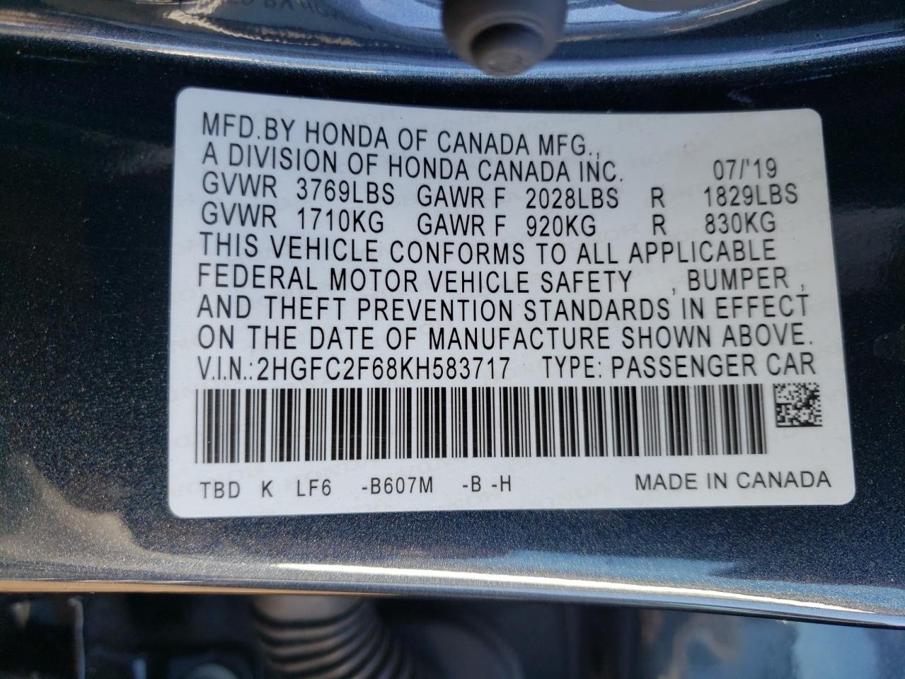 Photo 10 from auction – 2019 HONDA CIVIC LX with VIN 2HGFC2F68KH583717