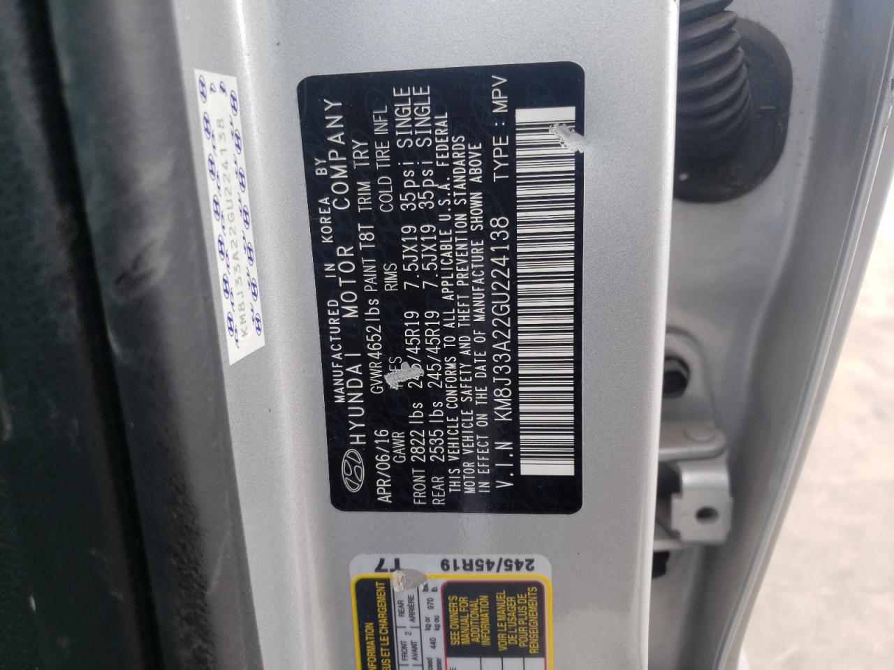 Photo 10 from auction – 2016 HYUNDAI TUCSON LIM with VIN KM8J33A22GU224138
