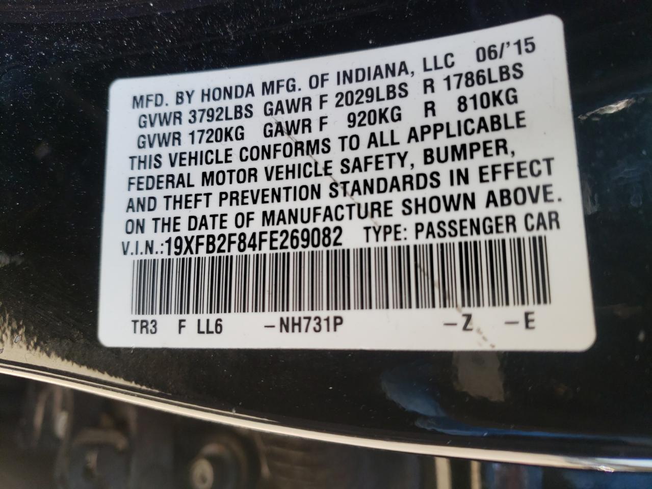 Photo 10 from auction – 2015 HONDA CIVIC EX with VIN 19XFB2F84FE269082