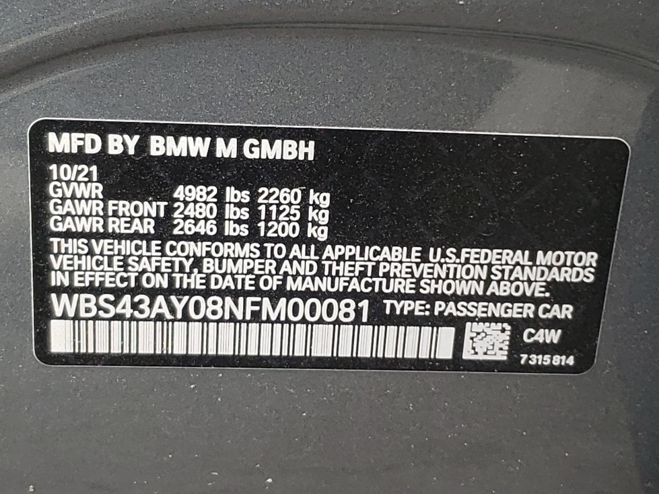 Photo 10 from auction – 2022 BMW M3 COMPETI with VIN WBS43AY08NFM00081