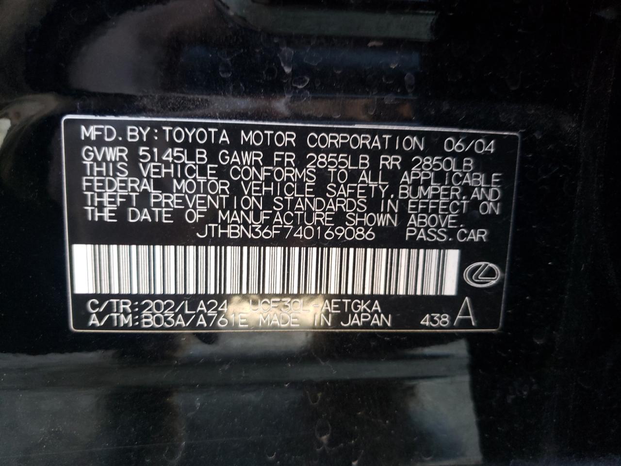 Photo 10 from auction – 2004 LEXUS LS 430 with VIN JTHBN36F740169086