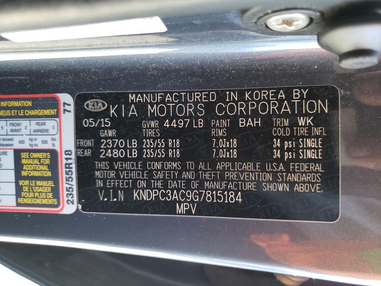 Photo 10 from auction – 2016 KIA SPORTAGE E with VIN KNDPC3AC9G7815184