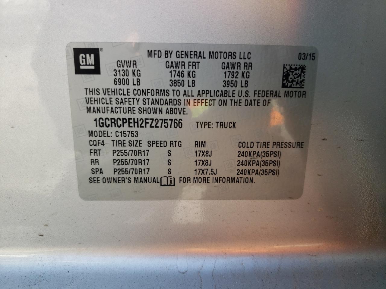 Photo 10 from auction – 2015 CHEVROLET SILVERADO with VIN 1GCRCPEH2FZ275766