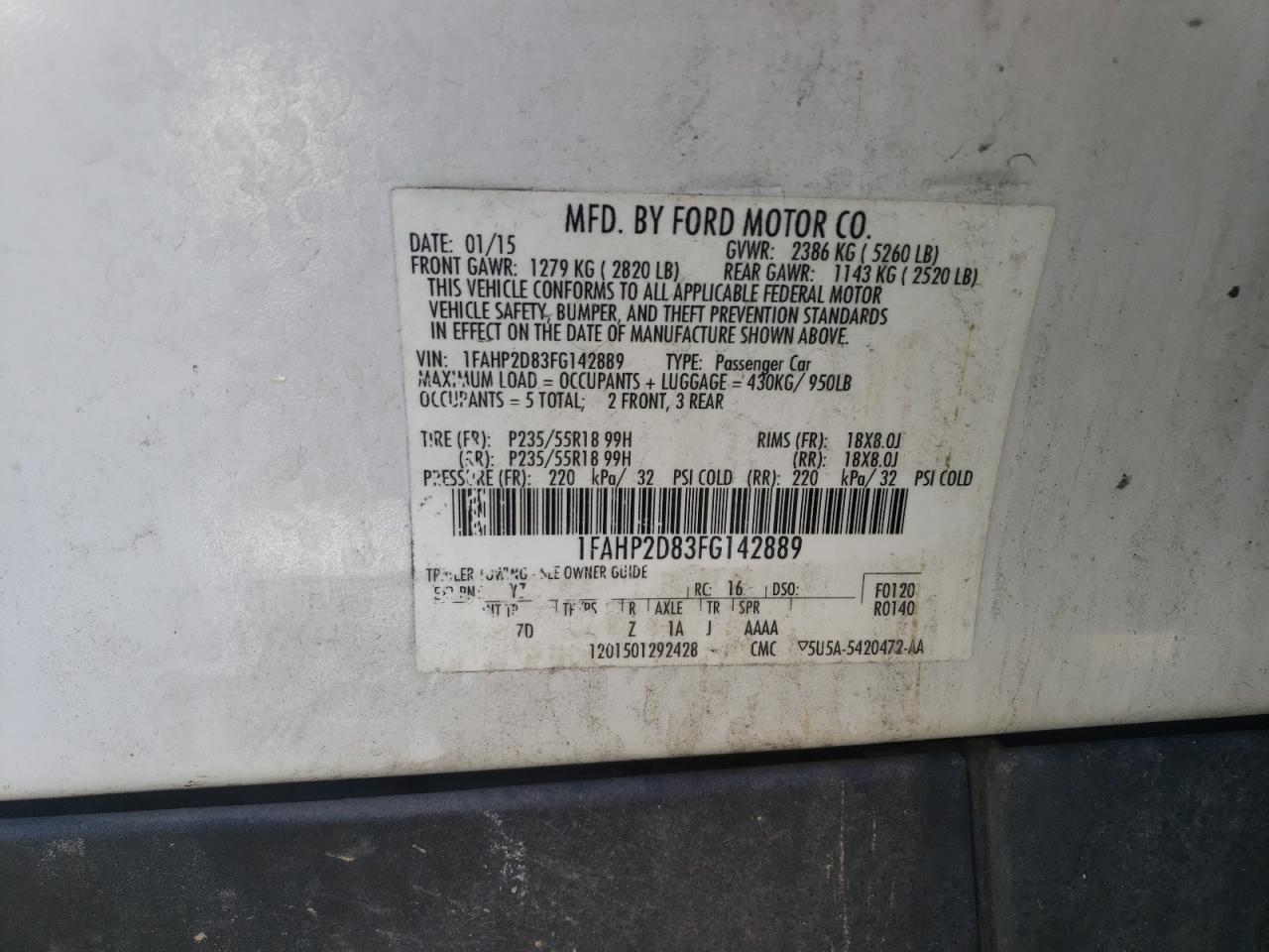 Photo 10 from auction – 2015 FORD TAURUS SE with VIN 1FAHP2D83FG142889