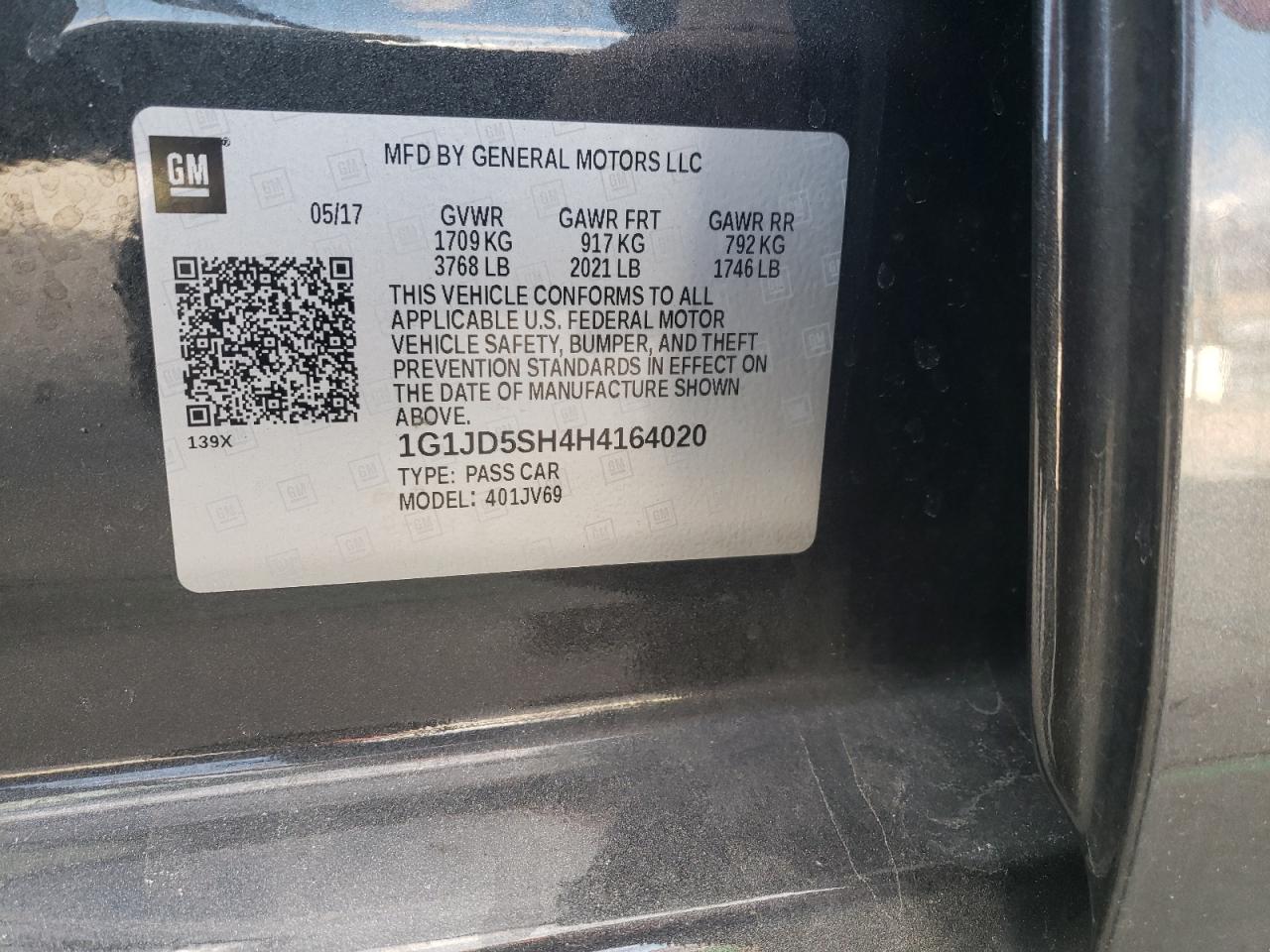 Photo 10 from auction – 2017 CHEVROLET SONIC LT with VIN 1G1JD5SH4H4164020
