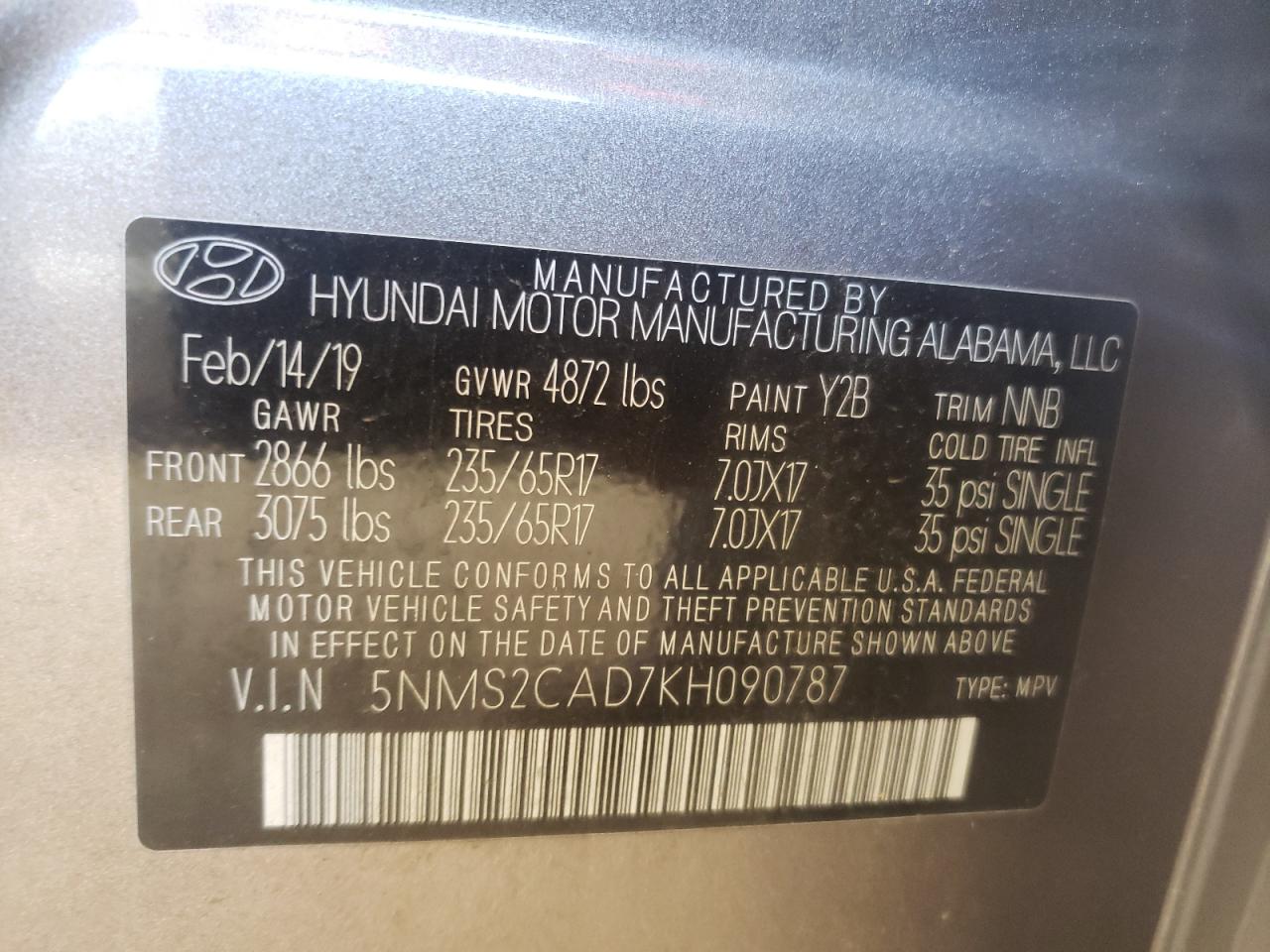 Photo 10 from auction – 2019 HYUNDAI SANTA FE S with VIN 5NMS2CAD7KH090787